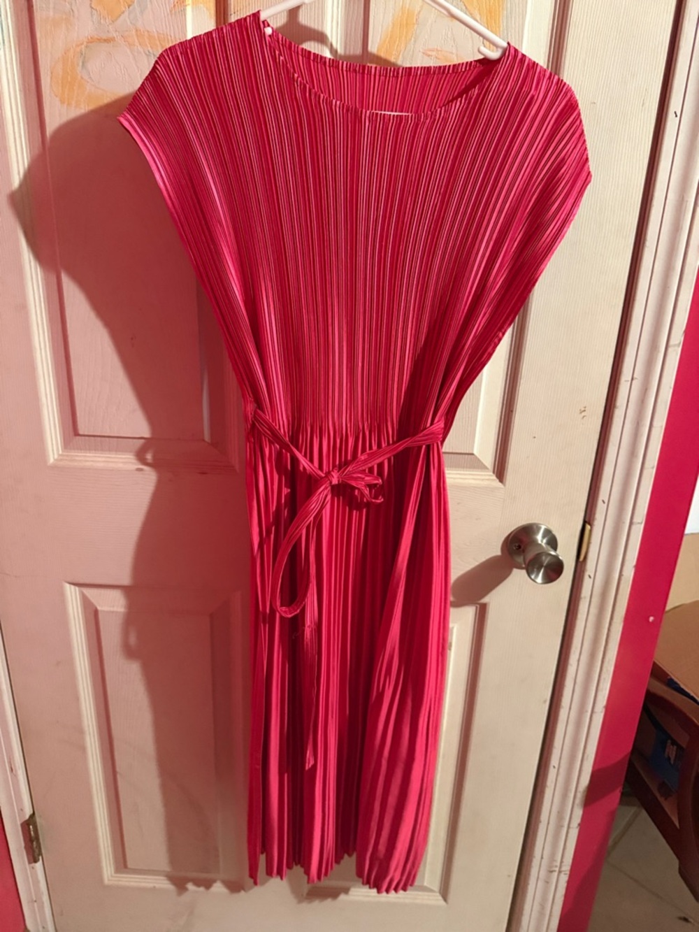 NWT Pleated Hot Pink Midi Dress with Tie Waist
